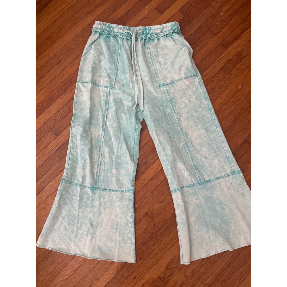 Sage + Fig Turquoise Acid Wash Wide Leg Pants Cotton Boho Paperbag Waist Small